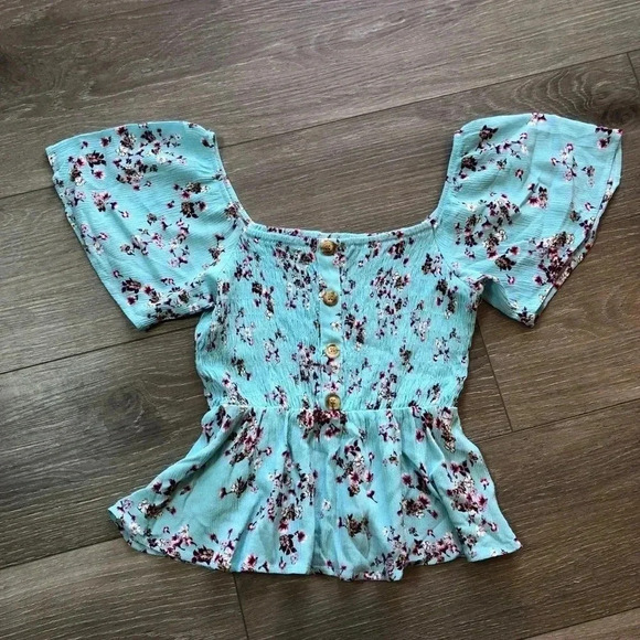 Mi Ami Blue Floral Off Shoulder Short Sleeve Shirt Size XS - Picture 2 of 10